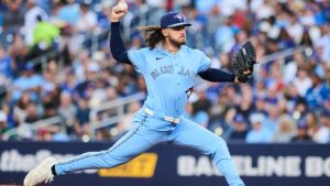 Toronto Blue Jays pitcher Spencer Arrighetti works against the Kansas City Royals during first inning MLB action in Toronto, on Thursday, Aug. 27, 2026. (Sammy Kogan/CP)
