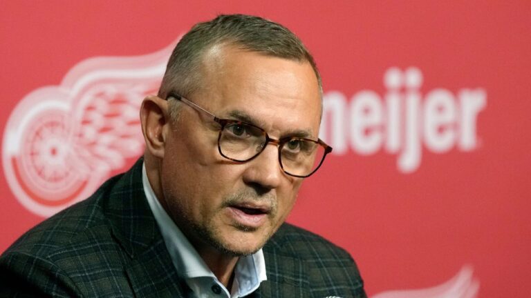 Steve Yzerman speaks to the media following the Detroit Red Wings season on Friday, April 19, 2024, in Detroit. (Carlos Osorio/AP)