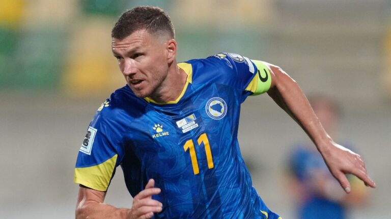 Edin Dzeko during a World Cup qualifying match between Cyprus and Bosnia-Herzegovina at AEK Arena in Larnaca, Cyprus, onOct. 9, 2025. (Petros Karadjias/AP)