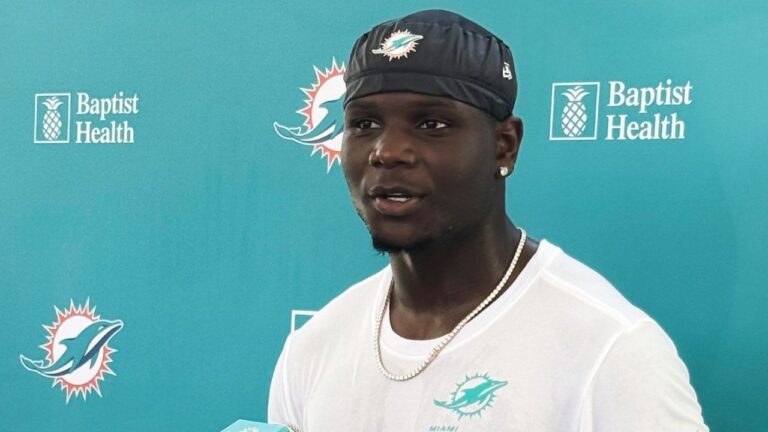 Miami Dolphins wide receiver Chris Bell speaks with media after practice at the team's training camp on Tuesday, Aug. 18, 2026, in Miami Gardens, Fla. (Alanis Thames/AP)