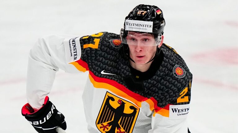 Germany's Maksymilian Szuber during a match between Austria and Germany at the hockey world championship in Tampere, Finland, on Friday, May 19, 2023. (Pavel Golovkin/AP)