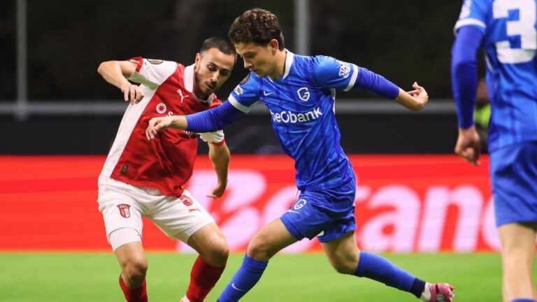 Konstantinos Karetsas during the Europa League opening phase soccer match between SC Braga and KRC Genk in Braga, Portugal, on Nov. 6, 2025. (Luis Vieira/AP)