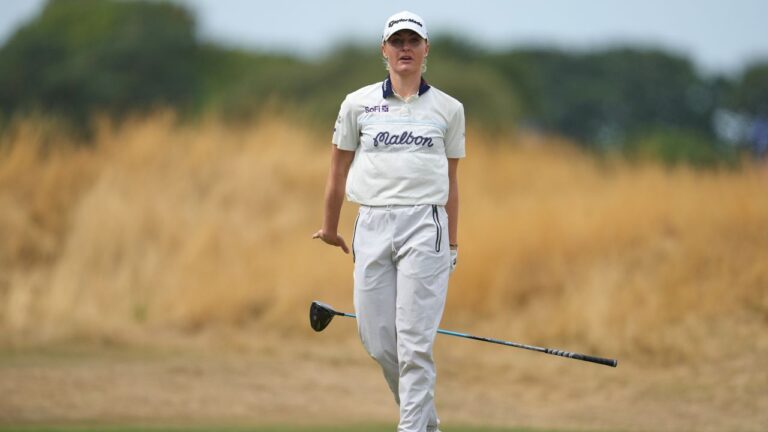 Charley Hull of England after driving off the third tee during the fourth round of the Women's Open Championship in Lytham St Annes, England, on Sunday, Aug. 2, 2026. (Jon Super/AP)