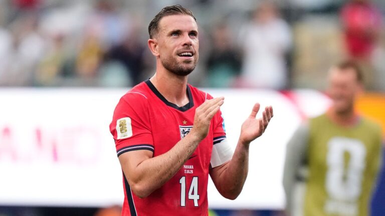England's Jordan Henderson celebrates his team's victory over Panama in the World Cup Group match in East Rutherford, N.J., near New York, on Saturday, June 27, 2026. (Frank Franklin II/AP)