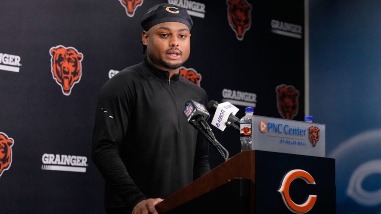 Chicago Bears defensive back Coby Bryant during a news conference at the team's training camp on Wednesday, July 29, 2026, in Lake Forest, Ill. (Nam Y. Huh/AP)