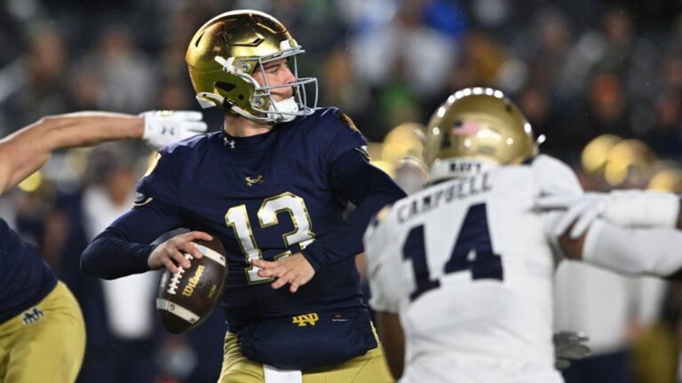 Notre Dame quarterback CJ Carr during an NCAA football game against Navy on Nov. 8, 2025, in South Bend, Ind. (Paul Beaty/AP)