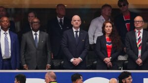 FIFA President Gianni Infantino (front centre) and Norway's Football Federation president Lise Klavenessin (front second right) ahead of the World Cup round of 32 soccer match between Ivory Coast and Norway in Arlington, Texas, near Dallas, on Tuesday, June 30, 2026. (Julio Cortez/AP)
