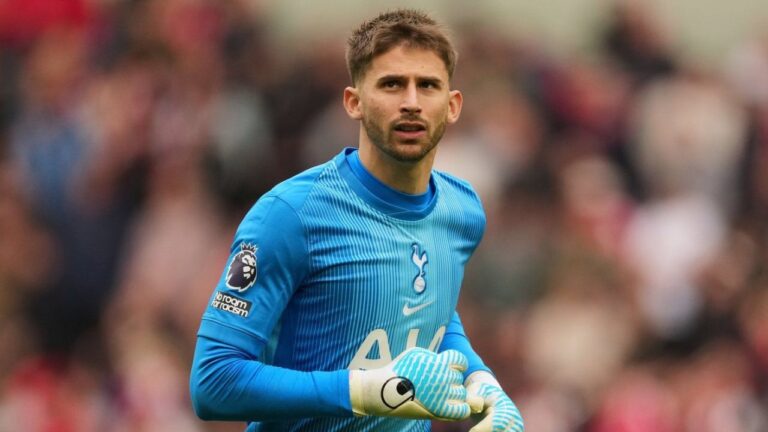 Tottenham goalkeeper Guglielmo Vicario during an English Premier League match against Nottingham Forest at Tottenham Hotspur Stadium in London, on March 22, 2026. (Dave Shopland/AP)