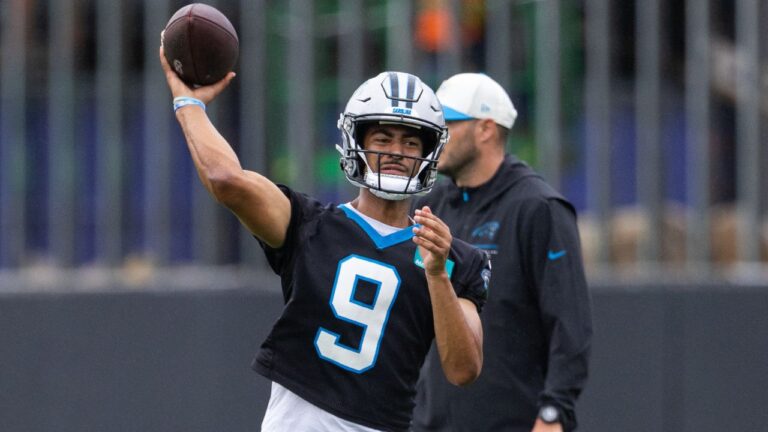 Carolina Panthers quarterback Bryce Young throws during the team's training camp Thursday, July 23, 2026, in Charlotte, N.C. (Scott Kinser/AP)