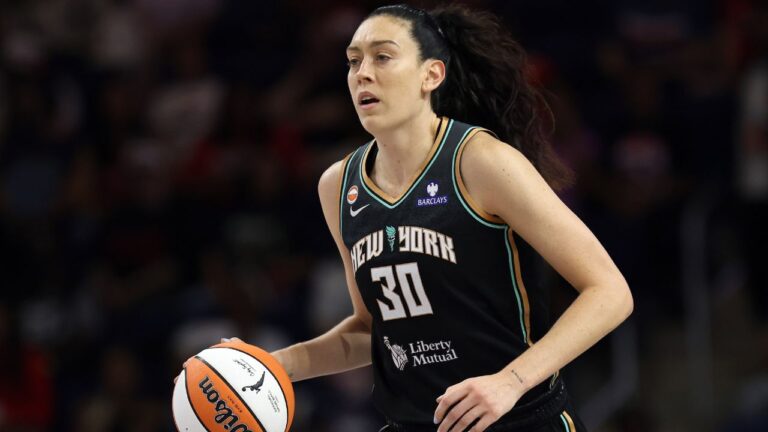 New York Liberty forward Breanna Stewart dribbles during a game against the Washington Mystics, Sunday, May 10, 2026, in Washington. (Daniel Kucin Jr./AP)