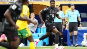 Canada's Alphonso Davies with the ball against South Africa during the Round of 32 in Los Angeles, on Sunday, June 28, 2026. (Frank Gunn/CP)