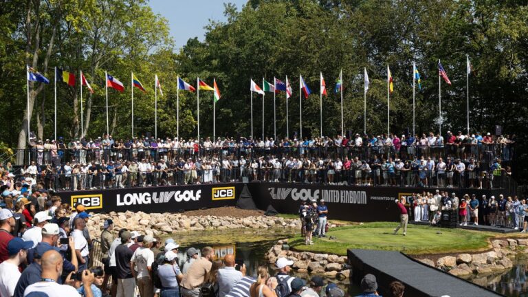 Lucas Herbert of Ripper GC hits from the first tee during LIV Golf United Kingdom presented by JCB at JCB Golf & Country Club on Friday, July 24, 2026 in Rocester, England. (Chris Trotman/AP)