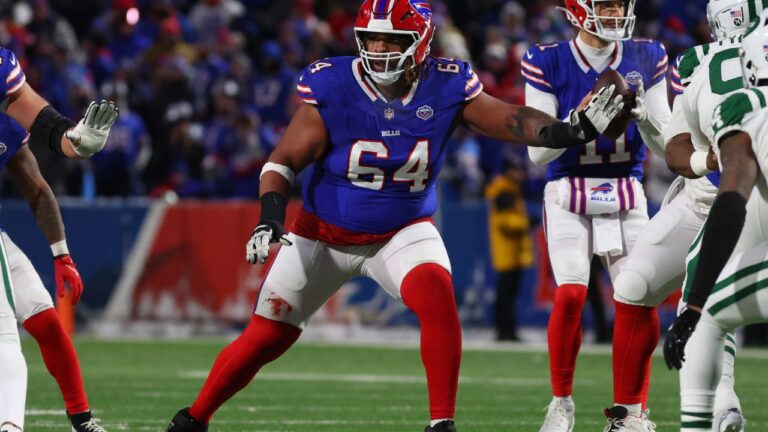 Buffalo Bills guard O'Cyrus Torrence blocks during the first half of a game against the New York Jets in Orchard Park, N.Y., Sunday Jan. 4, 2026. (Jeffrey T. Barnes/AP)