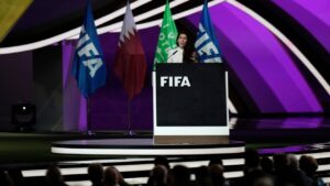 Norwegian soccer official Lise Klaveness speaks during FIFA congress at the Doha Exhibition and Convention Center in Doha, Qatar, Thursday, March 31, 2022. (Hassan Ammar/AP)