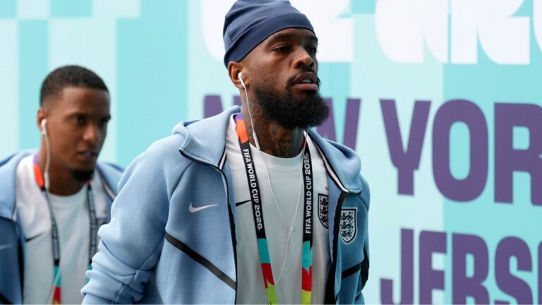 England's Ivan Toney arrives before the World Cup Group match between Panama and England in East Rutherford, N.J., near New York, Saturday, June 27, 2026. (Seth Wenig/AP)