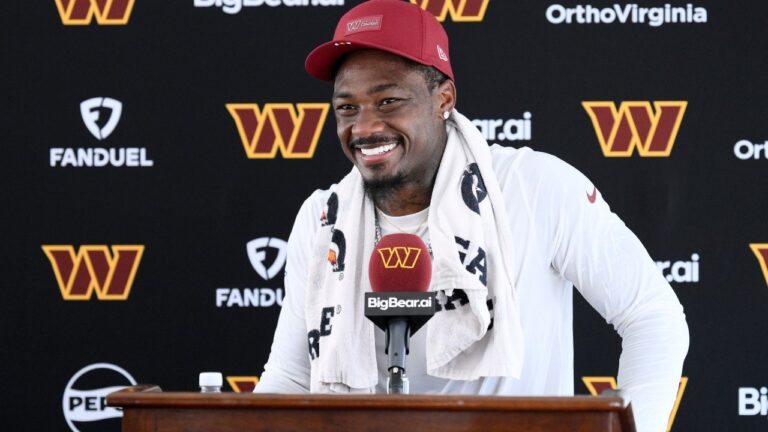 Washington Commanders wide receiver Stefon Diggs speaks to the media after practice at the team's training camp, Friday, Aug. 7, 2026 in Ashburn, Va. (Nick Wass/AP)