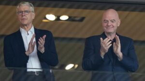 FIFA president Gianni Infantino, right, and Arsene Wenger, chief officer (FIFA) and former coach arrive for the Women's Euro 2025 quarterfinals between Sweden and England at Stadion Letzigrund in Zurich, Switzerland, Thursday, July 17, 2025. (Martin Meissner/AP)