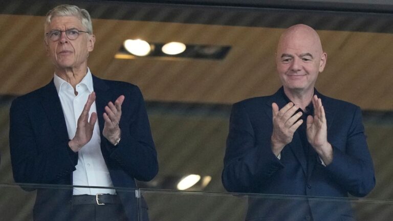 FIFA president Gianni Infantino, right, and Arsene Wenger, chief officer (FIFA) and former coach arrive for the Women's Euro 2025 quarterfinals between Sweden and England at Stadion Letzigrund in Zurich, Switzerland, Thursday, July 17, 2025. (Martin Meissner/AP)