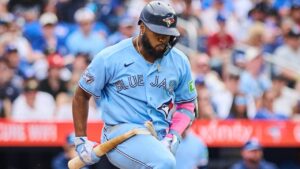 Toronto Blue Jays' Vladimir Guerrero Jr. (27) breaks his bat out of frustration after grounding out against the St. Louis Cardinals during eighth inning MLB baseball action in Toronto, on Saturday, Aug. 1, 2026. (Sammy Kogan/CP)