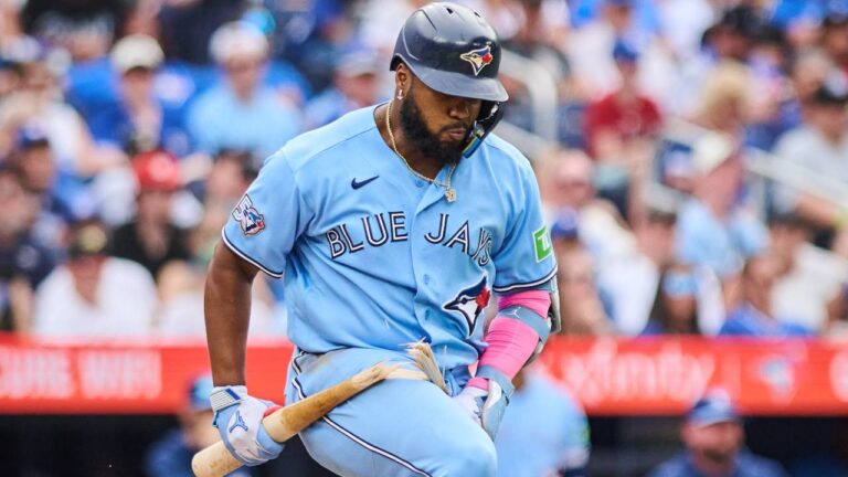 Toronto Blue Jays' Vladimir Guerrero Jr. (27) breaks his bat out of frustration after grounding out against the St. Louis Cardinals during eighth inning MLB baseball action in Toronto, on Saturday, Aug. 1, 2026. (Sammy Kogan/CP)