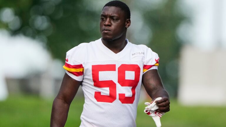 Kansas City Chiefs linebacker Wesley Bissainthe arrives at NFL football training camp Sunday, July 26, 2026, in St. Joseph, Mo. (AP Photo/Charlie Riedel)