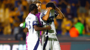 Rayan Elloumi of the Vancouver Whitecaps, right, reacts at the end of a Leagues Cup soccer match in Monterrey, Mexico, Tuesday, Aug. 11, 2026. (Jorge Mendoza/AP)