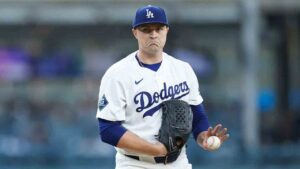 Los Angeles Dodgers starting pitcher Tarik Skubal reacts between batters during the first inning of a baseball game against the Kansas City Royals, Monday, Aug. 10, 2026, in Los Angeles. (Caroline Brehman/AP)
