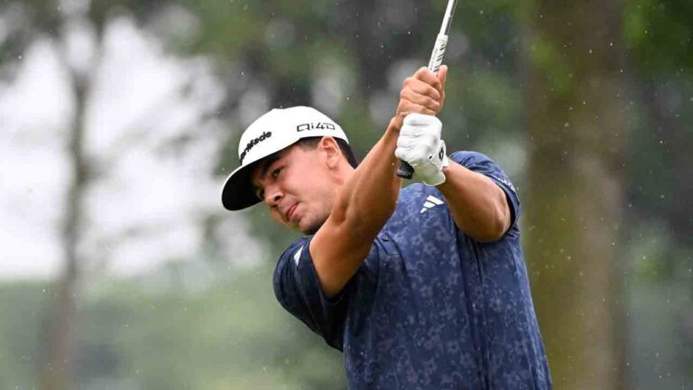 Michael Thorbjornsen hits from the fifth tee during the final round of the Rocket Classic golf tournament, Sunday, Aug. 2, 2026, in Detroit. (Jose Juarez/AP)