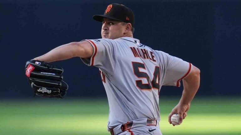 San Francisco Giants starting pitcher Tyler Mahle works against a San Diego Padres batter during the second inning of a baseball game Saturday, Aug. 1, 2026, in San Diego. (Gregory Bull/AP)