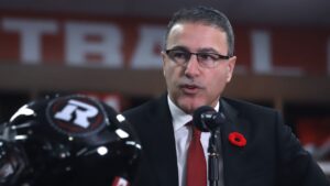 Redblacks president Adrian Sciarra speaks at a press conference after Ryan Dinwiddie is named as the new head coach and general manager of the Ottawa Redblacks CFL team in Ottawa, Thursday, Nov. 6, 2025. (Patrick Doyle/CP)