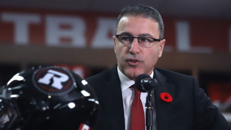 Redblacks president Adrian Sciarra speaks at a press conference after Ryan Dinwiddie is named as the new head coach and general manager of the Ottawa Redblacks CFL team in Ottawa, Thursday, Nov. 6, 2025. (Patrick Doyle/CP)