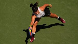 Canada's Bianca Andreescu stretches for a shot from Czechia's Nikola Bartunkova during National Bank Open action in Toronto on Monday, August 3, 2026. (Chris Young/THE CANADIAN PRESS)
