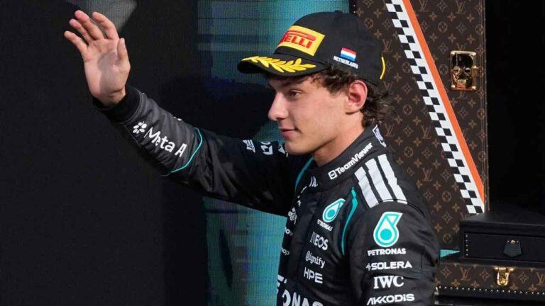 Mercedes driver Andrea Kimi Antonelli of Italy waves for the podium after taking the seond place at the Formula One Dutch Grand Prix. (Darko Bandic/AP)