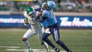 Saskatchewan Roughriders wide receiver KeeSean Johnson (3) pushes away Toronto Argonauts defensive back Tarvarus McFadden (2) during second half CFL football action in Regina on Friday, June 26, 2026. (Kayle Neis/THE CANADIAN PRESS)