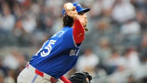 Toronto Blue Jays' Spencer Arrighetti pitches during the first inning of a baseball game against the New York Yankees Friday, Aug. 21, 2026, in New York. (Frank Franklin II/AP Photo)