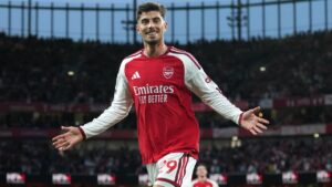 Arsenal's Kai Havertz celebrates after scoring the opening goal during the English Premier League soccer match between Arsenal and Coventry City in London, Friday, Aug. 21, 2026. (Kirsty Wigglesworth/AP Photo)