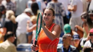 Aryna Sabalenka, of Belarus, celebrates after winning a match against Camila Osorio, of Colombia, during the first round of the U.S. Open tennis championships, Monday, Aug. 31, 2026, in New York. (Seth Wenig/AP)