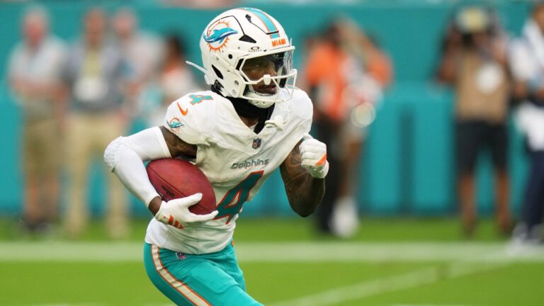 Miami Dolphins wide receiver Tutu Atwell runs during the second half of an NFL football game against the New York Giants, Saturday, Aug. 22, 2026, in Miami Gardens, Fla. (Lynne Sladky/AP)