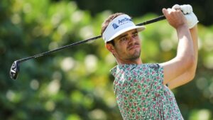 Beau Hossler, of the U.S., tees off on the second hole during the fourth round of the Baycurrent Classic golf tournament at the Yokohama Country Club in Yokohama, near Tokyo, Sunday, Oct. 12, 2025. (Hiro Komae/AP)