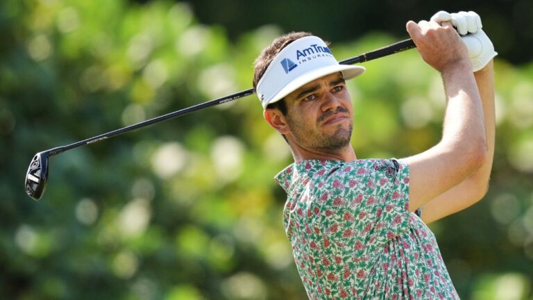Beau Hossler, of the U.S., tees off on the second hole during the fourth round of the Baycurrent Classic golf tournament at the Yokohama Country Club in Yokohama, near Tokyo, Sunday, Oct. 12, 2025. (Hiro Komae/AP)