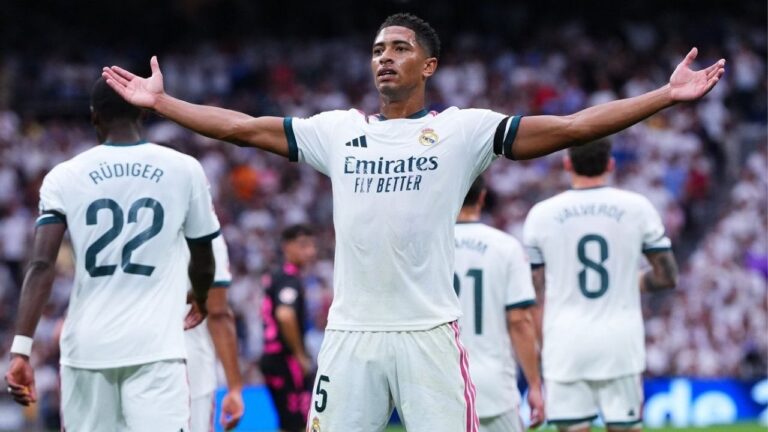 Real Madrid's Jude Bellingham celebrates after Malaga's own goal during the La Liga soccer match between Real Madrid and Malaga in Madrid, Spain, Sunday, Aug. 30, 2026. (Manu Fernandez/AP)