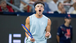 Ben Shelton of the United States reacts during his match against compatriot Brandon Nakashima during final tennis action at the National Bank Open in Montreal on Thursday, Aug. 13, 2026. (Christinne Muschi/CP)