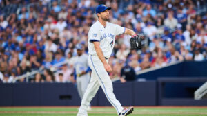 Toronto Blue Jays pitcher Max Scherzer (31) reacts as he heads to the dugout during first inning MLB baseball action against the Kansas City Royals in Toronto, on Tuesday, Aug. 25, 2026. (Sammy Kogan/CP)