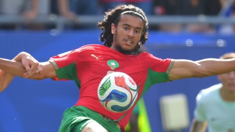 Morocco's Ayyoub Bouaddi vies for the ball during the World Cup quarterfinal soccer match between France and Morocco in Foxborough, Mass., near Boston, Thursday, July 9, 2026. (Steven Senne/AP Photo)