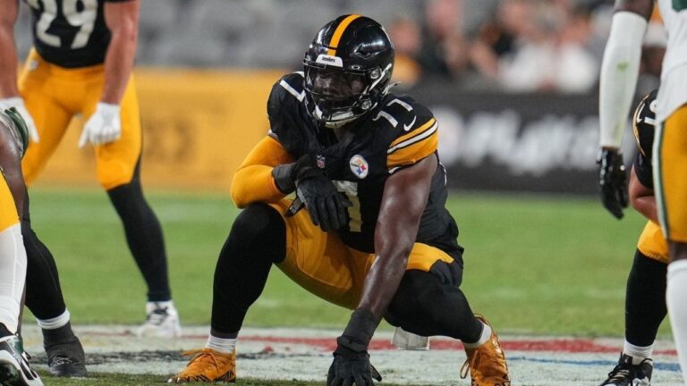 Pittsburgh Steelers offensive lineman Broderick Jones (77) lines up during an NFL exhibition football game against the Green Bay Packers in Pittsburgh Thursday, Aug. 13, 2026. (Gene J. Puskar/AP)