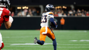 Denver Broncos cornerback Jahdae Barron (23) returns an interception for a touchdown during the first half of a preseason NFL football game, Friday, Aug. 14, 2026, in Atlanta. (Erik Lesser/AP)