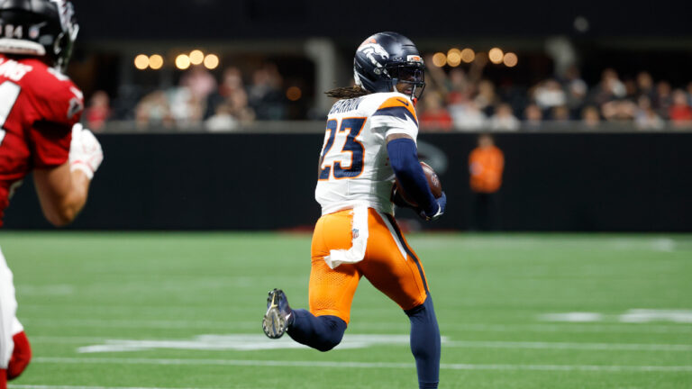 Denver Broncos cornerback Jahdae Barron (23) returns an interception for a touchdown during the first half of a preseason NFL football game, Friday, Aug. 14, 2026, in Atlanta. (Erik Lesser/AP)