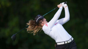 Canada's Brooke Henderson, of Smiths Falls, Ont., hits her tee shot on the 14th hole during the second round at the LPGA CPKC Canadian Women's Open golf tournament, in Edmonton, on Friday, Aug. 21, 2026. (Darryl Dyck/CP)