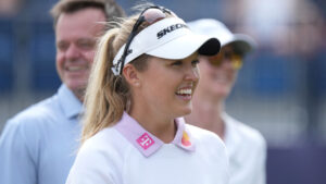 Brooke Henderson of Canada smiles as she walks from the 18th green during a practice round before the Women's British Open golf championships at the Royal Lytham & St Annes Golf Club in Lytham-St-Annes, England, Wednesday, July 29, 2026. (Jon Super/AP)