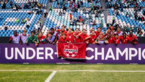 The Canadian team celebrates after clinching a FIFA U20 World Cup spot at the Concacaf U20 championship on Aug. 5, 2026 in Mexico. (Canada Soccer photo)